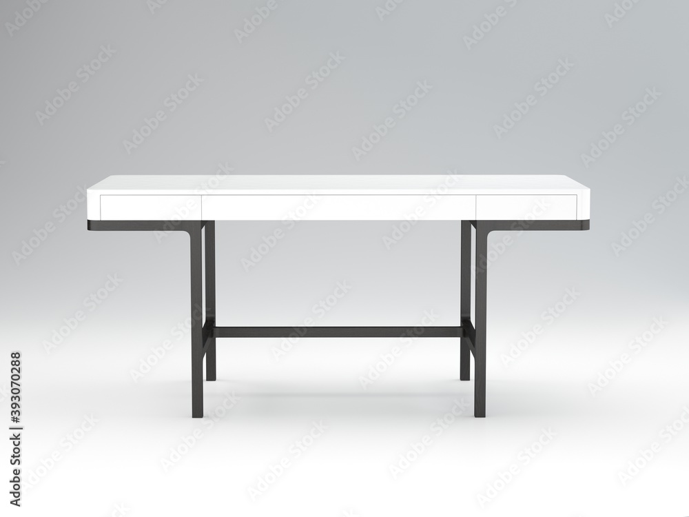 Table with white top and black metal legs for work and study with closed pull-out shelves. 3D modeling and rendering of a computer minimalist table on a gray background. 3D rendering Table with white top and black metal legs for work and study with closed pull-out shelves. 3D modeling and rendering of a computer minimalist table on a gray background. 3D rendering