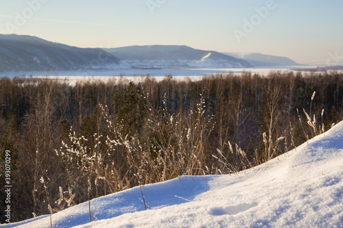 Winter wood in the Middle Volga region, Samara, Russia. The Zhiguli Mountains can be seen on the other side of the frozen Volga.