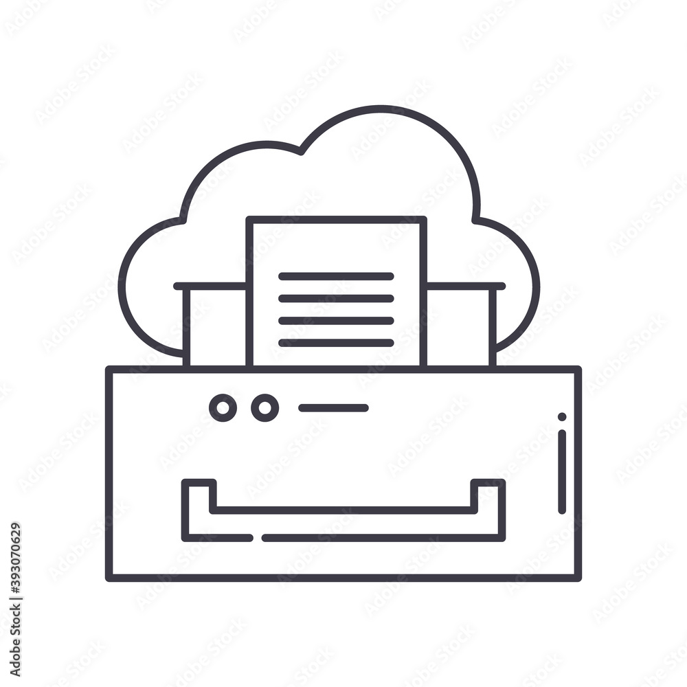 Cloud printing icon, linear isolated illustration, thin line vector, web design sign, outline concept symbol with editable stroke on white background. Cloud printing icon, linear isolated illustration, thin line vector, web design sign, outline concept symbol with editable stroke on white background.