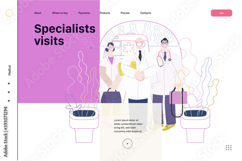 Medical insurance -specialists visit -modern flat vector concept digital illustration - medical specialists standing at the private residence entrance door Home medical service, part of insurance plan