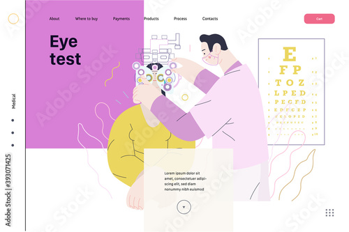 Medical tests template - c -modern flat vector concept digital illustration of eye test procedure -a female patient and a doctors with phoropter, ophthalmologic office