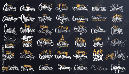 Merry Christmas Gold Lettering Design Set Vector Illustration