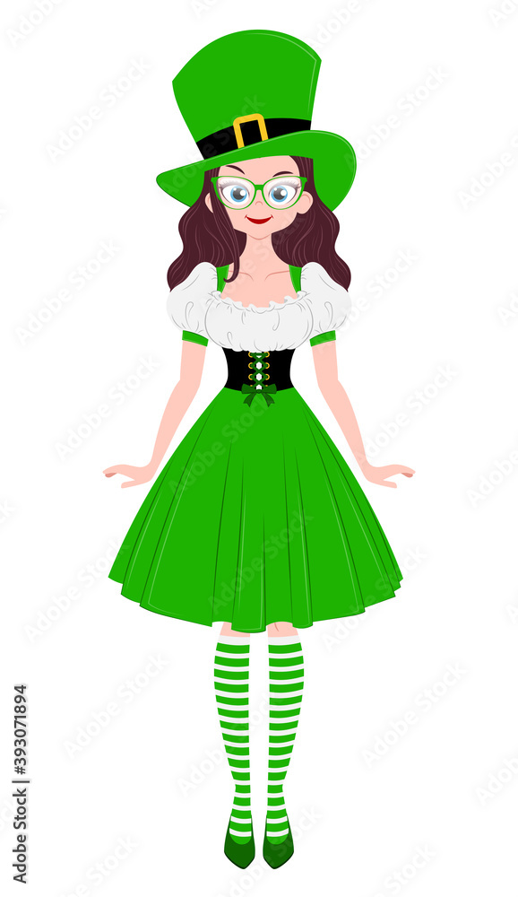 Young woman wearing green hat and irish national dress. Saint Patricks Day illustration