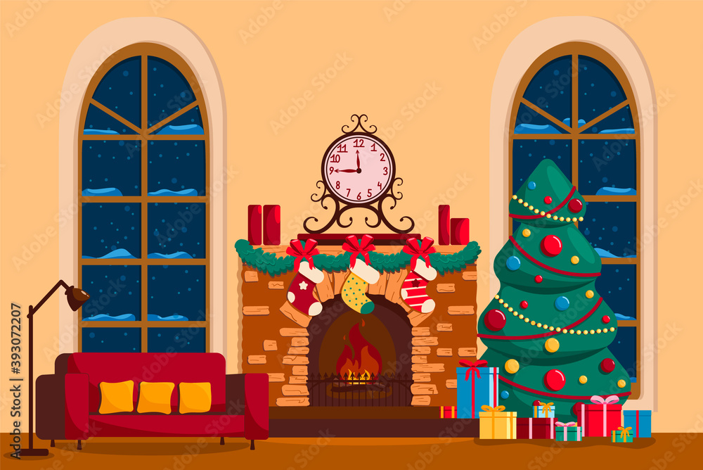 A room decorated for Christmas. Fireplace with candles and a clock and an elegant Christmas tree with gifts