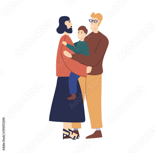 Happy homosexual transgender relationships. Cute gay couple with kid hugging. Lgbt family with child and transgender. Flat vector illustration in cartoon style. Isolated on white.