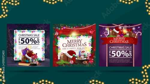 Collection of Christmas web elements. Christmas discount banner and Christmas greeting card with piles of presents