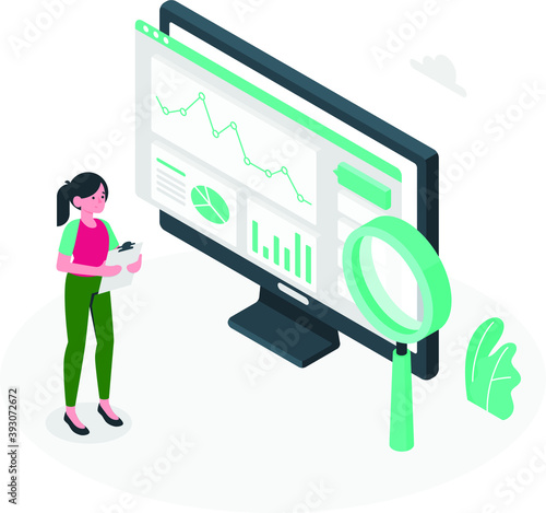 browser stats concept illustration. business person with graph