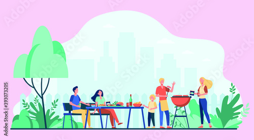 family barbecue party on backyard people grilling food in park or garden sitting at table and eating for cooking outside festive dinner summer concept.