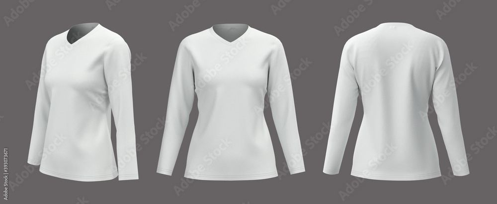 Women's v-neck t-shirt mockup, front, side and back views, design presentation for print, 3d illustration, 3d rendering Women's v-neck t-shirt mockup, front, side and back views, design presentation for print, 3d illustration, 3d rendering
