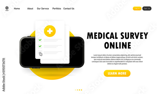 Medical survey online illustration. Medical form list with results data and approved check mark. Clinical checklist document on computer. Vector EPS 10