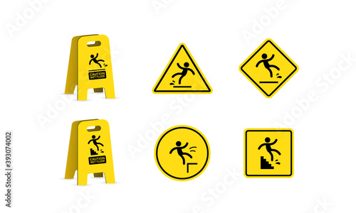 Wet floor and cleaning in progress. Slippery floor sign, vector illustration. Slip danger icon set.
