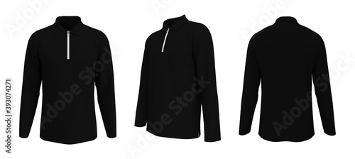 Blank long sleeve collared shirt mockup with half zip, front, side and back views, tee design presentation for print, 3d rendering, 3d illustration photo