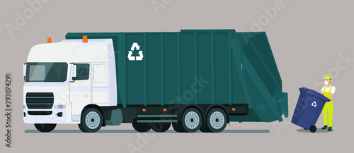 The driver in medical mask loads a garbage container into the garbage truck. Vector flat style illustration.