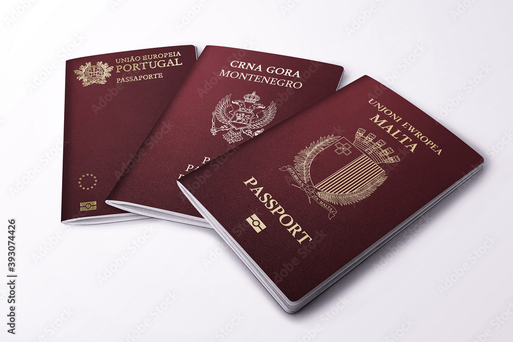 Malta, Montenegro and Portugal passport on a gray background ,European Union, emblem Malta, Montenegro and Portugal passport on a gray background ,European Union, emblem