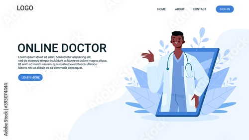 Online medical consultation, support. Online doctor. Healthcare services. Family male doctor with stethoscope on smartphone. Online medical advise or consultation service. Landing page.