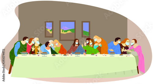Last supper. Il Cenacolo. Ultima cena. Colour drawing, vector illustration based on Leonardo da Vinci fresco.