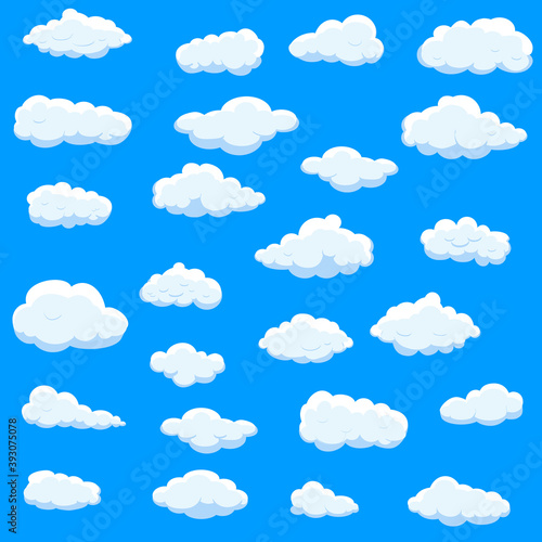 White cartoon clouds set isolated on blue background. Collection of different cartoon clouds for background template, wallpaper and sky design. Cartoon clouds vector. Sky illustration