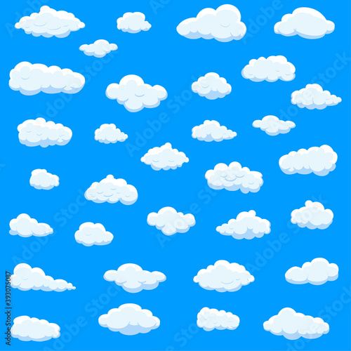 White cartoon clouds set isolated on blue background. Collection of different cartoon clouds for background template, wallpaper and sky design. Cartoon clouds vector. Sky illustration