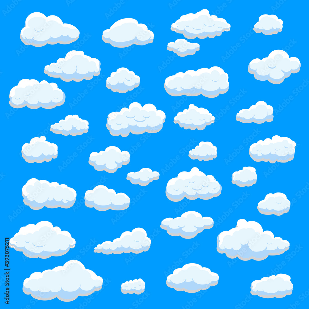 White cartoon clouds set isolated on blue background. Collection of different cartoon clouds for background template, wallpaper and sky design. Cartoon clouds vector. Sky illustration White cartoon clouds set isolated on blue background. Collection of different cartoon clouds for background template, wallpaper and sky design. Cartoon clouds vector. Sky illustration