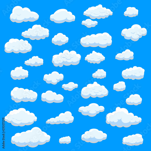 White cartoon clouds set isolated on blue background. Collection of different cartoon clouds for background template, wallpaper and sky design. Cartoon clouds vector. Sky illustration
