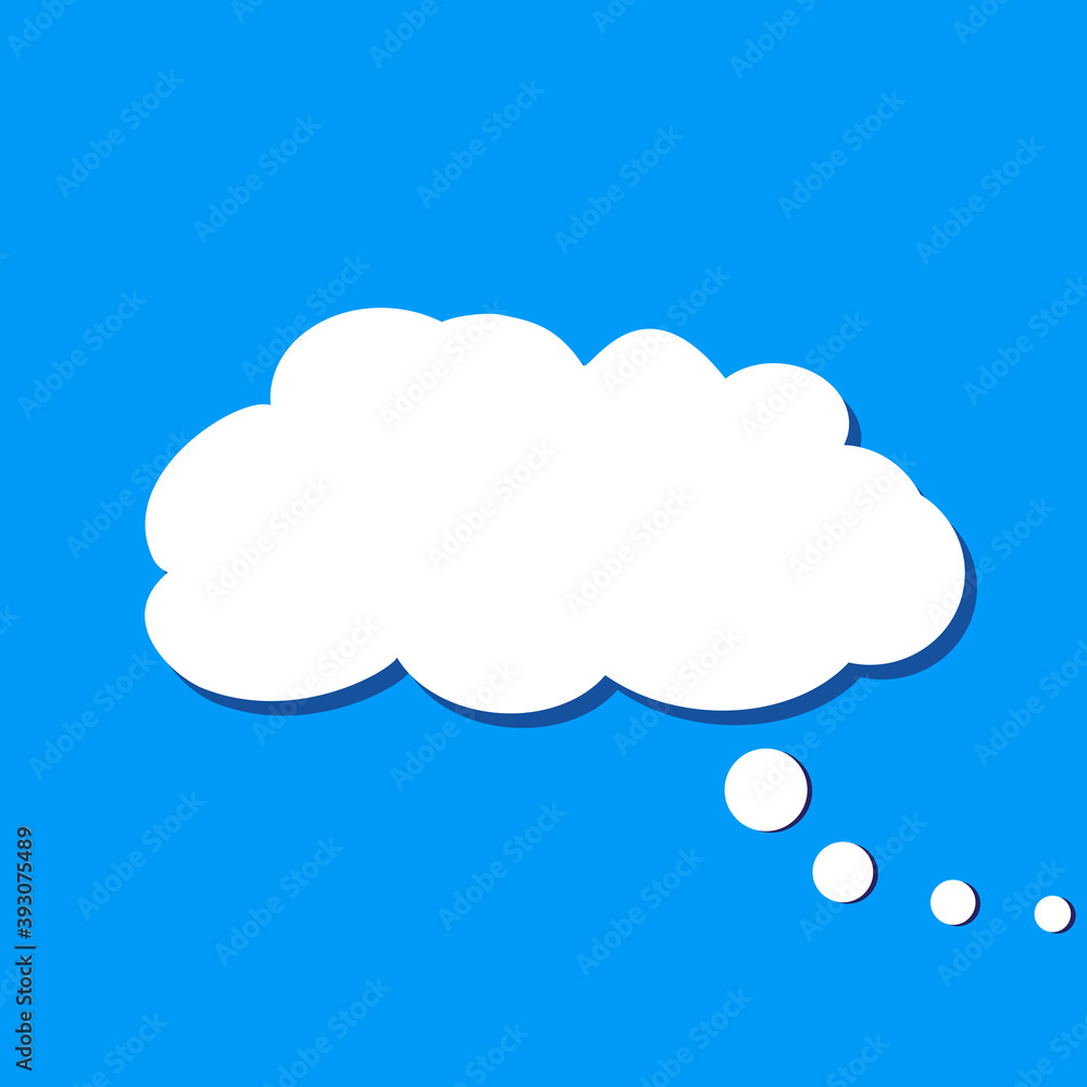 White think bubble isolated on blue background. Trendy flat think bubble in flat style. Modern template for social network and label. Creative thought balloon. Cloud flat design, vector illustration White think bubble isolated on blue background. Trendy flat think bubble in flat style. Modern template for social network and label. Creative thought balloon. Cloud flat design, vector illustration