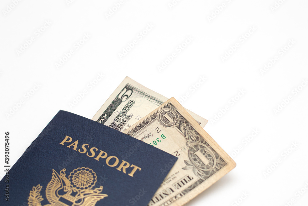USA passport and US Dollar Banknotes currency USA passport and US Dollar Banknotes currency