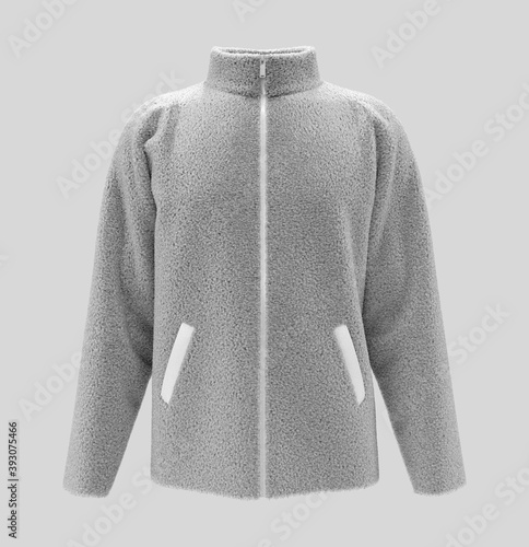 Fleece tracksuit top jacket with full zip design, sportswear, track front view, 3d illustration, 3d rendering
