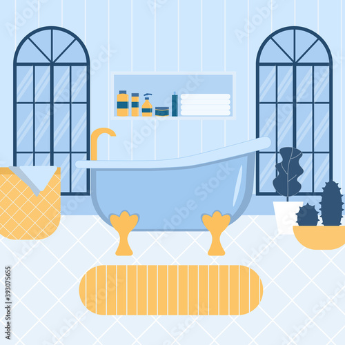 Cozy modern bathroom interior design with home plants. Beautiful arhed window. flat illustration in blue and yellow color.