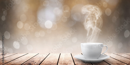 hot coffee on the table on a winter background
