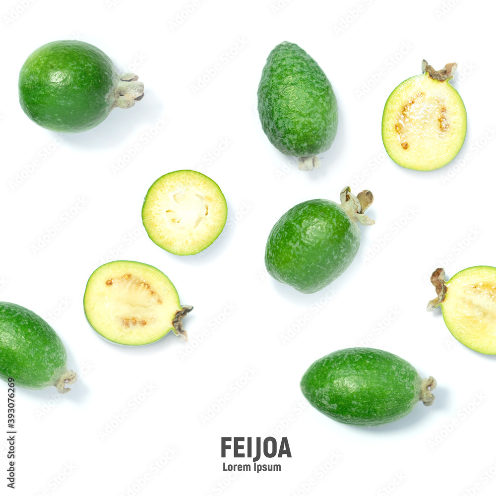 Feijoa fruits on white background. Tropical ripe feijoa fruits. Feijoa fruits on white background. Tropical ripe feijoa fruits.