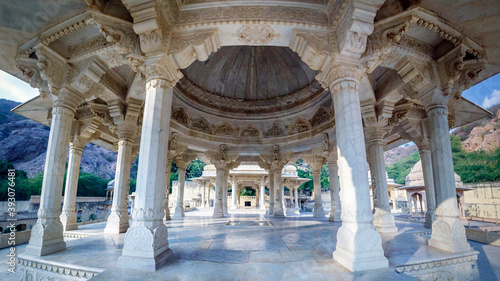 Memorial grounds to Maharaja Sawai Mansingh II and family constructed of marble. Gatore Ki Chhatriyan, Jaipur, Rajasthan, India. photo