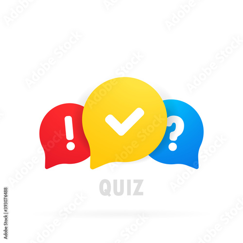 Quiz logo icon vector. Bubble speeches with question and check mark signs. Concept of social communication, chatting, interview, voting, discussion, talk, team dialog, group chat