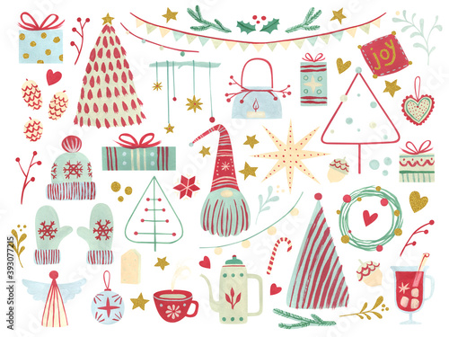 Wallpaper Mural Scandinavian Christmas hand painted set. Raster illustrations isolated on white. Torontodigital.ca