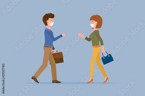 Coronavirus prevention cartoon character man and woman bumping fists, saying hello vector illustration. Safe handshake, keep distance, wear mask to avoid infection set