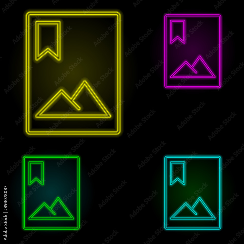 Photo mark sign neon color set icon. Simple thin line, outline vector of image icons for ui and ux, website or mobile application Photo mark sign neon color set icon. Simple thin line, outline vector of image icons for ui and ux, website or mobile application