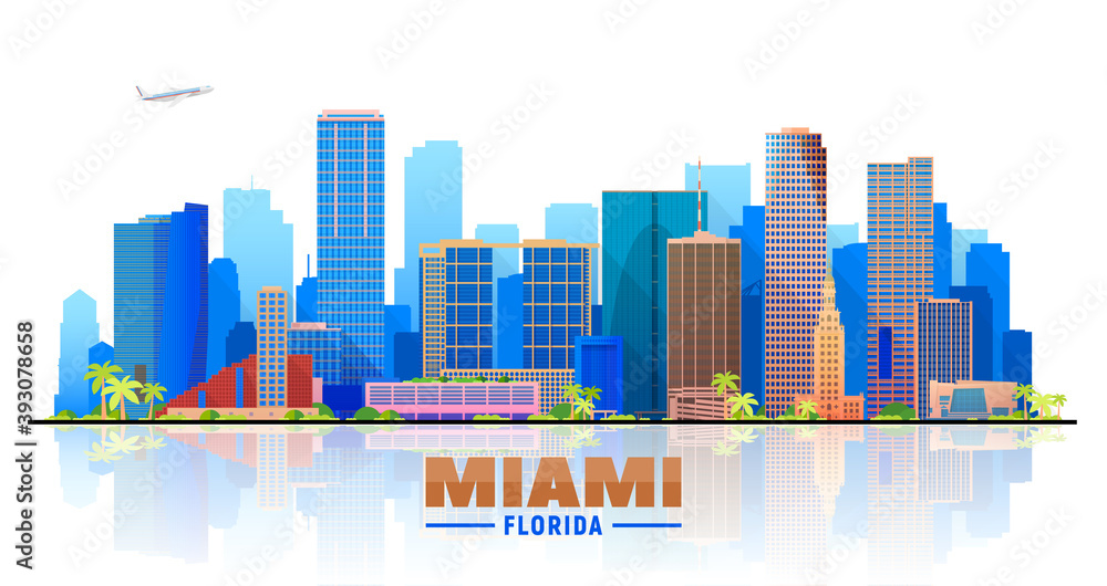 Miami Florida skyline with panorama in white background. Vector Illustration. Business travel and tourism concept with modern buildings. Image for banner or web site.