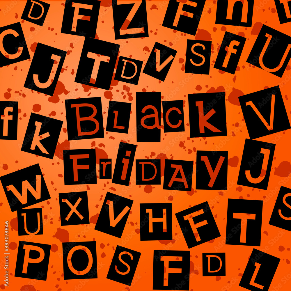 Black Friday letters. Cut letters orange background. Cut letters Black Friday letters. Cut letters orange background. Cut letters