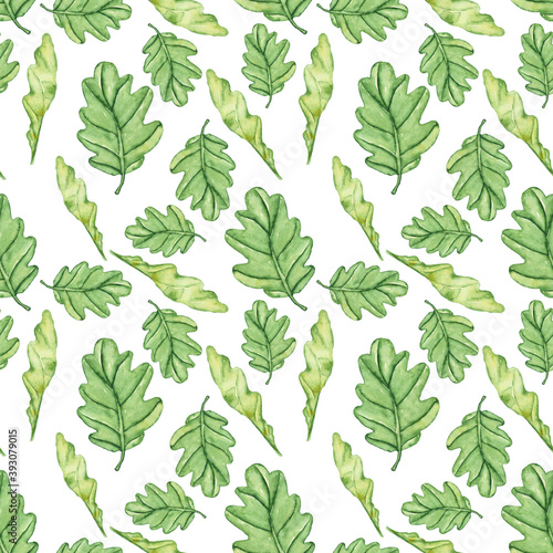 Repeat texture of green oak leaves on white background. Watercolor hand drawing illustration. Perfect for foliage digital paper, wallpaper, fabric, wrapping. Cute floral design. © Kaya Gach