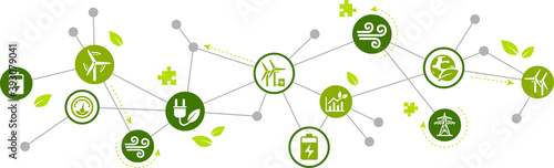 Wind energy / wind power vector illustration. Concept with connected icons related to wind power generation, renewable energy, wind park or wind farm.