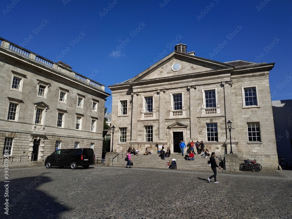 Dublin, Ireland - September 10, 2019: view on the College Green architecture at the sunny weather