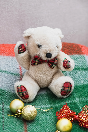 teddy bear and christmas decorations, checkered red green plaid