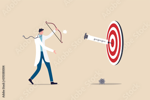 COVID-19 vaccine discovery success, vaccination effect to create 100 percent antibody on Coronavirus concept, doctor or medical research staff shooting vaccine syringe as arrow hitting bullseye target