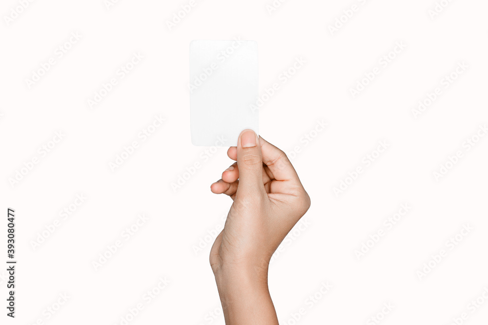 Asian woman holding a white card On a white background Asian woman holding a white card On a white background