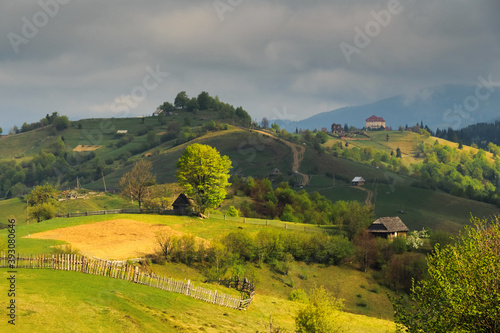 Spring gloomy overcast morning rural landscape in the Mizhhiria, Carpathian mountains. © Kavalenkava