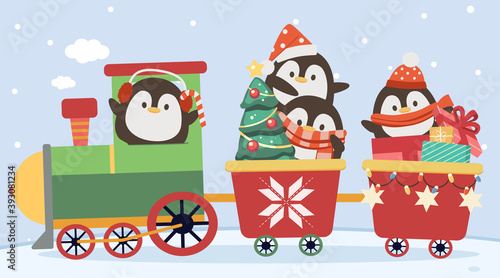 The character of cute penguin in the christmas train in flat vector style. illustation for banner, poster ,greeting card, sticker.