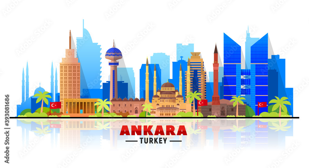 Obraz Ankara (Turkey) city skyline on a white background. Flat vector illustration. Business travel and tourism concept with modern and old buildings. Image for banner or web site.
