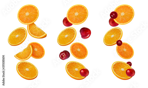 Set of orange fruit slices and cherries with cranberries on white background. Several compositions with falling fruits and berries. Images for packaging design for juice, cosmetics, sweet drinks.