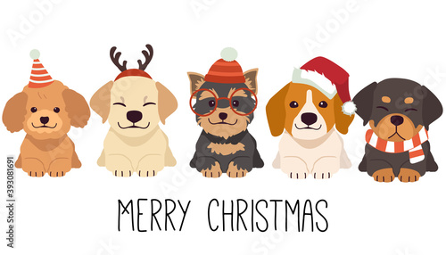 The character of cute dog wear a christmas costume in flat vector style.