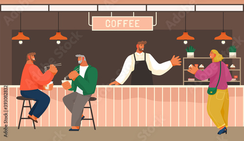 People in the cafe eat and order food. The bartender or cook takes orders from a woman visitor. Modern place interior to meet, drink and eat, chat, have a rest, enjoy free time. Vector flat style
