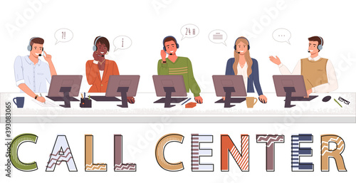 Call center, hotline flat vector. Smiling office workers with headsets cartoon characters. Call center workers help clients. Customer support department staff, telemarketing agents. Multiethnic team.